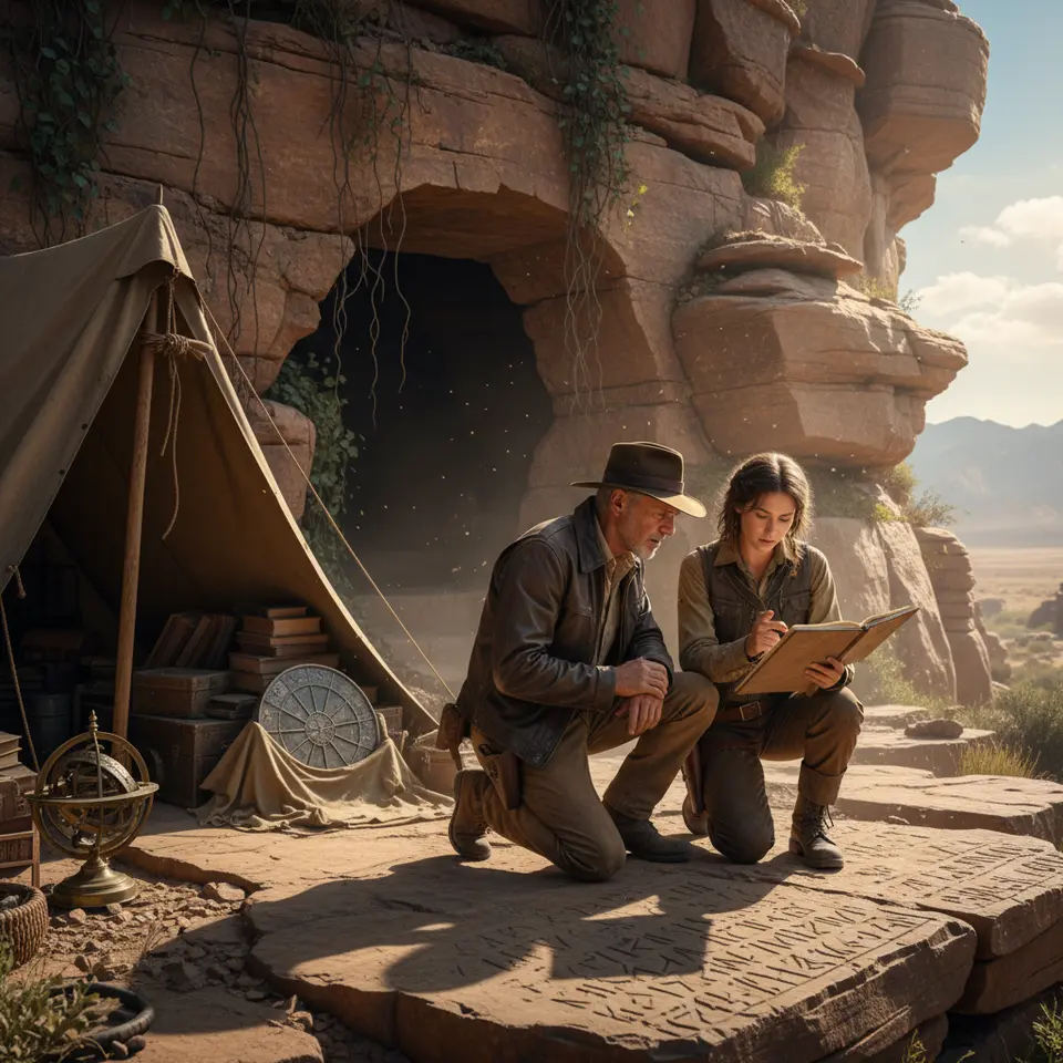 Globe-spanning archaeological expedition: Indiana Jones and his goddaughter explore sunlit cliffside ruins, examining cryptic stone inscriptions and looming hidden passageways as dusty archives and ancient relics hint at the power of the Dial of Destiny