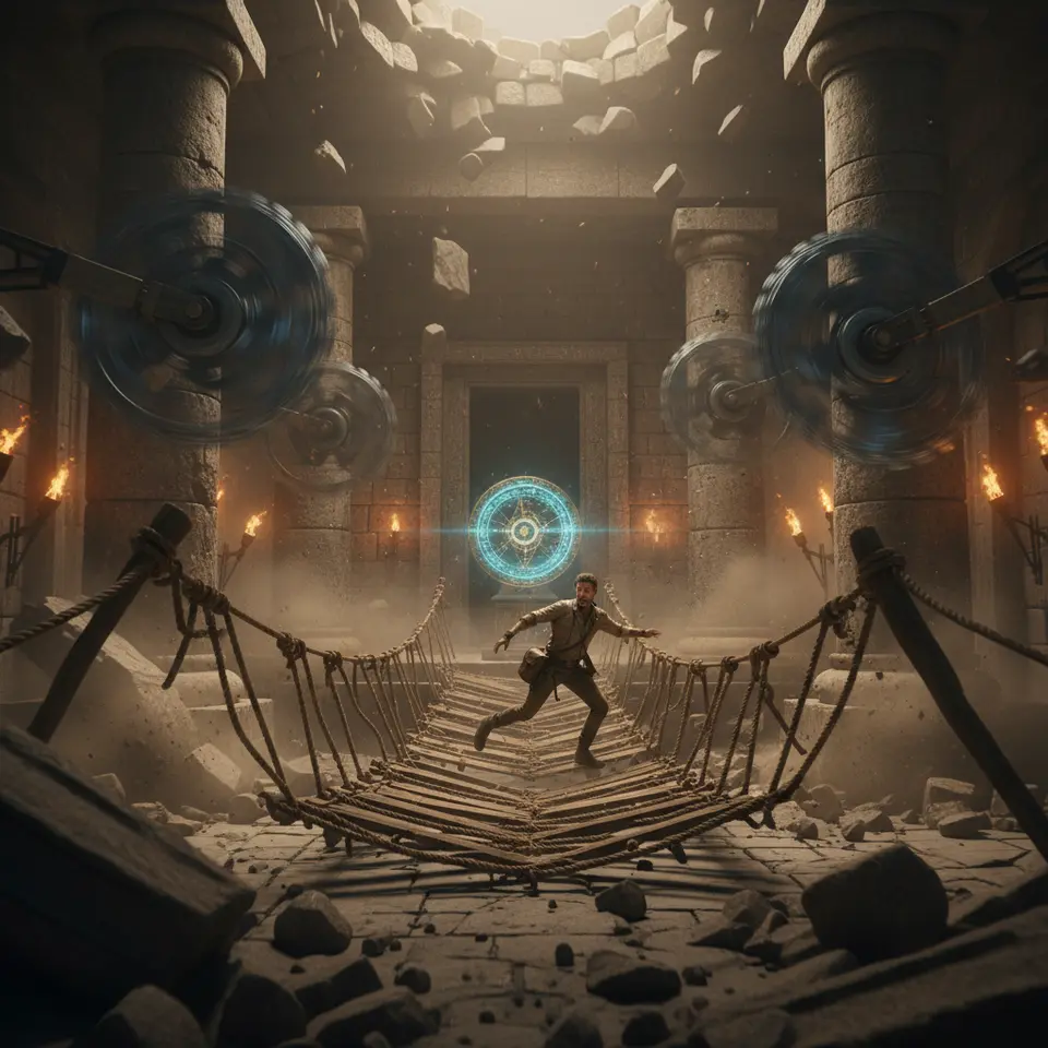 High-stakes temple trap: a dramatic interior shot of a collapsing stone hall—massive pillars toppling, razor-sharp spinning blades, and a swaying rope bridge—bathed in flickering torchlight, with the mystical, glowing Dial of Destiny poised at the chamber’s center