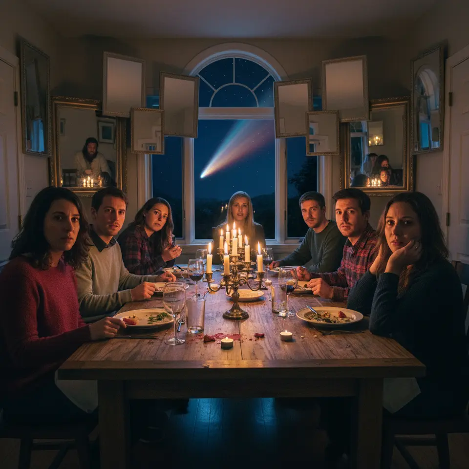 Coherence – A candlelit dinner scene in a suburban home where eight friends sit around a table as reality fractures: mirrored doorways, overlapping timelines, and a glowing comet visible through the window, creating a tense, surreal atmosphere.