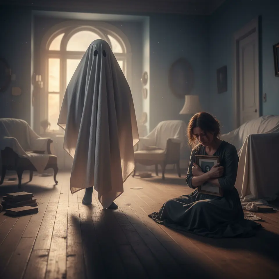 A Ghost Story – A silent specter draped in a simple white sheet drifting through an empty room at dusk, softly illuminated by fading light, observing a lone grieving figure in a dreamlike, ethereal setting.