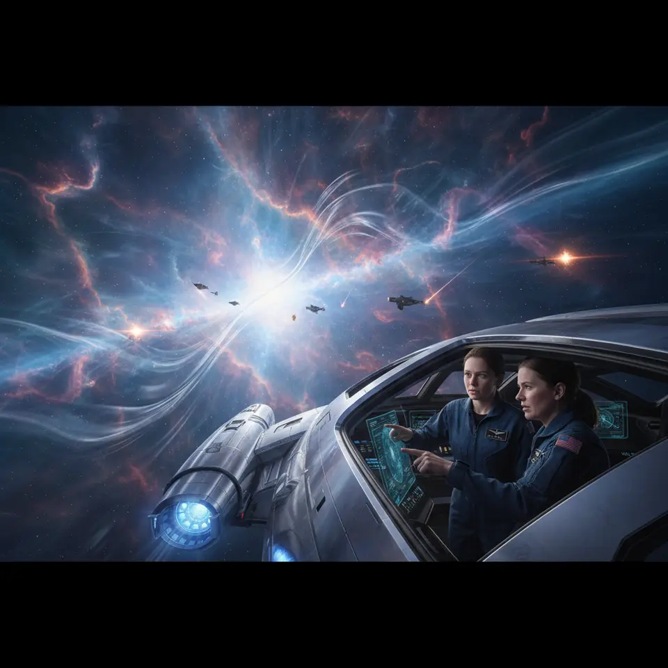 Epic Scope and Central Premise – Commander Aria Voss’s sleek starship gliding into a swirling, energy-charged nebula: luminous gas clouds, rippling gravitational anomalies and distant star-scarred vessels hinting at zero-gravity firefights in the unknown depths of space.