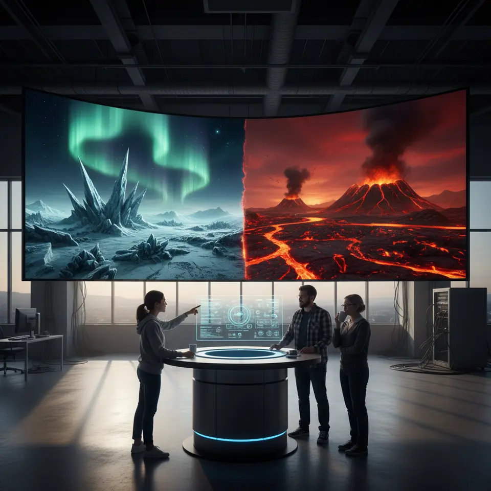 Groundbreaking Effects and Techniques – Two alien worlds side by side: a crystalline ice planet bathed in pale, dancing auroras with razor-sharp ice spires, contrasted against a fiery volcanic wasteland wreathed in smoldering embers and rivers of molten lava under a smoky red sky.